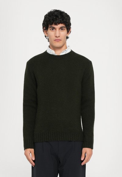 Dark green crew-neck sweater with textured fabric, ribbed cuffs and hem, worn over a light collared shirt, straight silhouette.