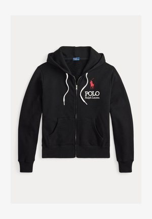 Sorte zip-up hette laget av bomullsmiks med myk innvendig; har et frontlogo, to sidelommer og hvite snore.