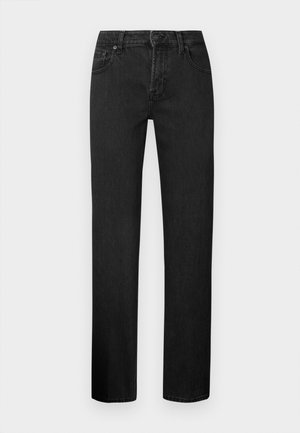 Jeans droits noirs en denim, dotés d'un design classique à cinq poches avec une fermeture à bouton et des passants de ceinture. Texture lisse.