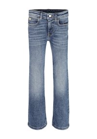 Světle modré džíny z denimu se středně vysokým pasem, rovnými nohavicemi, jemným vyblednutím a pětiprvkovým designem kapes s předním zapínáním na knoflík a zip.