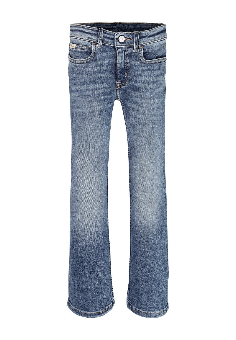 Světle modré džíny z denimu se středně vysokým pasem, rovnými nohavicemi, jemným vyblednutím a pětiprvkovým designem kapes s předním zapínáním na knoflík a zip.