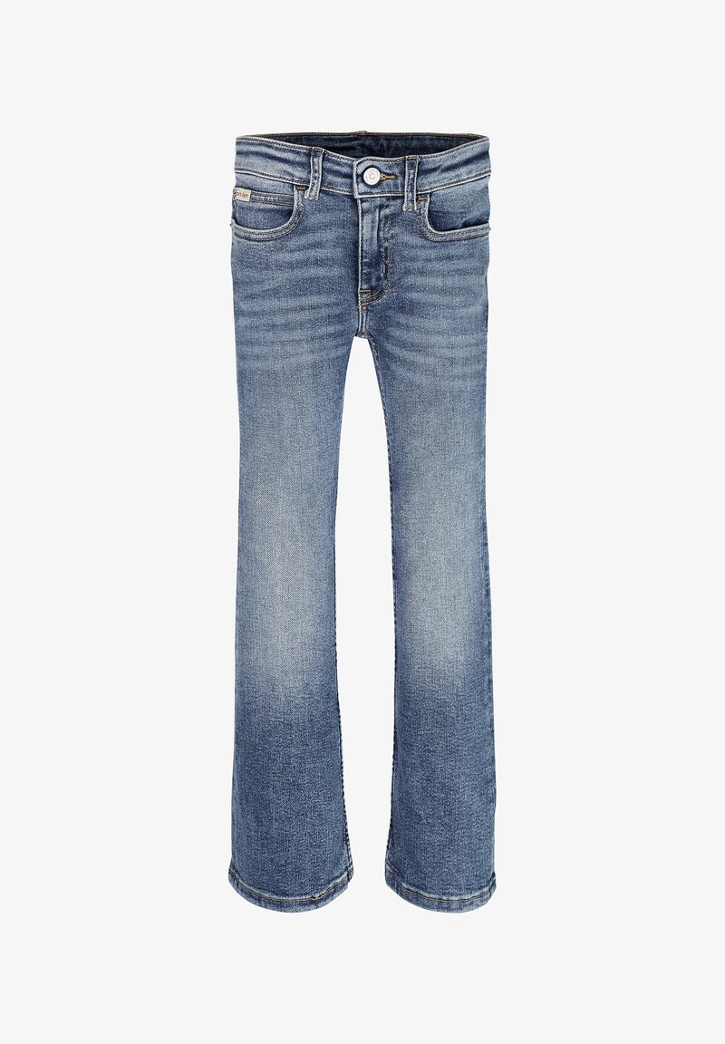 Světle modré džíny z denimu se středně vysokým pasem, rovnými nohavicemi, jemným vyblednutím a pětiprvkovým designem kapes s předním zapínáním na knoflík a zip.