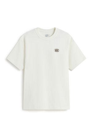 T-shirt blanc à manches courtes col rond avec petit logo Vans marron sur la poitrine gauche sur fond blanc.