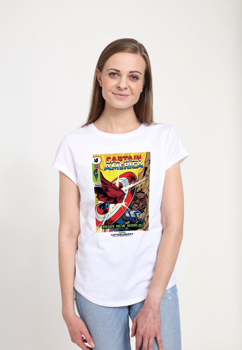Bílý bavlněný tričko s barevným designem komiksu z Marvelu, na kterém je Captain America a text "ODVAŽNÝ NOVÝ SVĚT!" v černém a žlutém písmu.