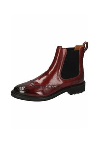 Bottines Chelsea en cuir bourgogne avec des panneaux élastiques sur les côtés, des détails brogue et une semelle en caoutchouc noir. Fini lisse avec une silhouette élégante.