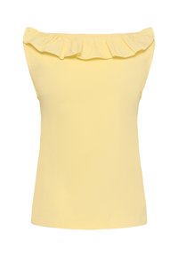 Top sans manches jaune clair avec un large col à volants et un ourlet droit.