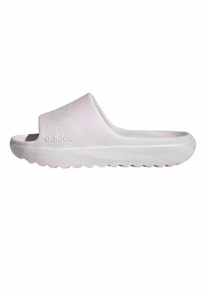 Weiße Adidas Slide-Sandale mit dicker Sohle und offenem Zehenbereich, strukturiertem Grip unten und eingeprägtem Adidas-Logo an der Seite.