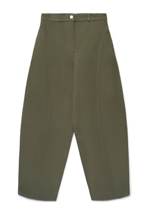 High-waist olive green wide-leg pants with front button closure and visible vertical seam details.