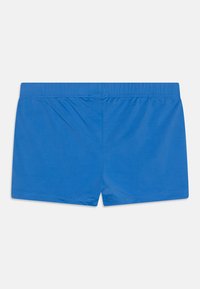 Costumi da bagno blu brillante con elastico in vita, realizzati in tessuto liscio, caratterizzati da dettagli di cucitura minimi e una forma classica.