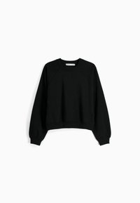 Felpa nera corta con scollo rotondo, maniche raglan e polsini a costine. Realizzata in un tessuto morbido con una texture liscia.
