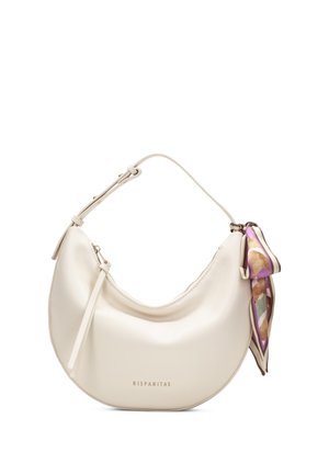 Bolso de mano color crema en forma de media luna, con correa ajustable, cierre de cremallera y pañuelo multicolor decorativo atado en un lado, marca Hispanitas.