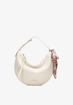 Bolso de mano color crema en forma de media luna, con correa ajustable, cierre de cremallera y pañuelo multicolor decorativo atado en un lado, marca Hispanitas.