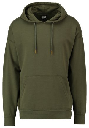 Hoodie vert olive en mélange de coton, avec capuche ajustable, poche kangourou à l'avant, poignets et ourlet côtelés, et coupe décontractée.