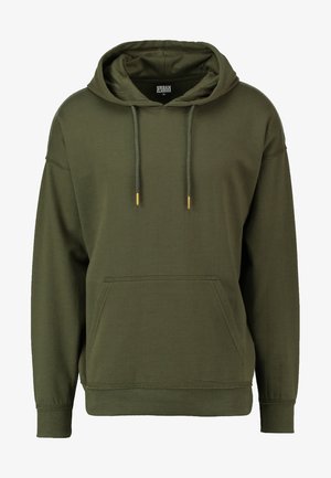 Maslinasto zeleni dukserica od mješavine pamuka, s kapuljačom na šnuru, prednjim kenguruvim džepom, rebrastim manžetama i rubom, te opuštenim krojem.