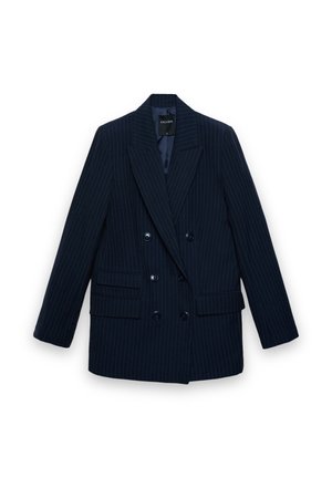 Marineblauer Nadelstreifen-Doppelreiher-Blazer mit breitem Revers, sechs Knöpfen und zwei Klappentaschen, flach auf weißem Hintergrund liegend.