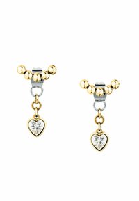 Orecchini dorati con un design a perline nella parte superiore, dotati di cristalli trasparenti a forma di cuore pendenti per un tocco di dettaglio in più.