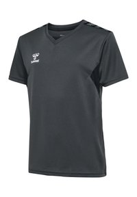 T-shirt de sport noir à manches courtes avec col en V, petit logo blanc Hummel sur la poitrine et détails texturés aux épaules.