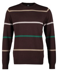 Pull marron à manches longues avec des rayures horizontales beige, blanches et vertes sur la poitrine et les bras, avec un col rond.