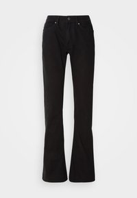 Čierne rozšírené rifle z bavlny. Majú predné zapínanie na gombíky, dve bočné vrecká a hladkú textúru. Bez viditeľných vzorov alebo akcentov.