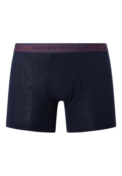 Navy blue boxer shorts made from a soft fabric, featuring a maroon waistband with embossed "Emporio Armani" branding.