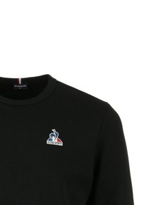 Felpa nera in tessuto morbido, con scollatura rotonda e un piccolo logo ricamato in blu, bianco e rosso sul petto.