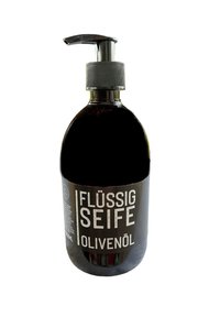 Black pump bottle of liquid soap with a metallic pump, featuring a white label that reads "Flüssig Seife Olivenöl." Capacity: 300ml.