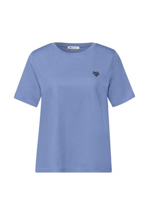 Lavendelkleurig katoenen T-shirt met korte mouwen, ronde hals en kleine zwarte zebrahartprint op de linkerborst.