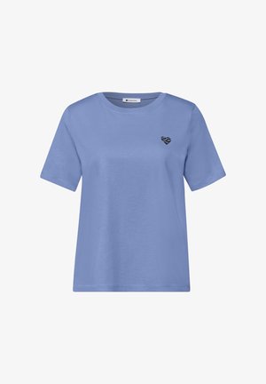 Camiseta de algodón lavanda de manga corta con cuello redondo y pequeño estampado de cebra negra en forma de corazón en el pecho izquierdo.