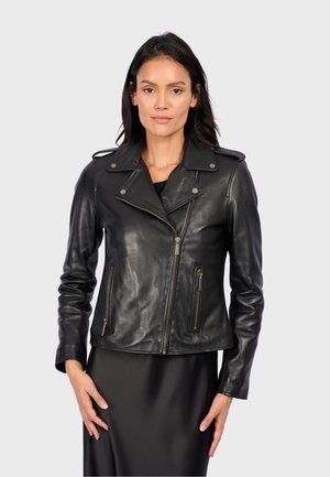 Schwarze Leder-Bikerjacke mit Reverskragen, asymmetrischem Reißverschluss und Reißverschluss-Taschen; verfügt über eine glatte Textur und eine taillierte Silhouette.