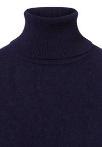 Marineblaues Rollkragensweater aus geripptem Strickstoff. Es verfügt über einen hohen, strukturierten Kragen und eine weiche Textur ohne sichtbare Muster oder Akzente.