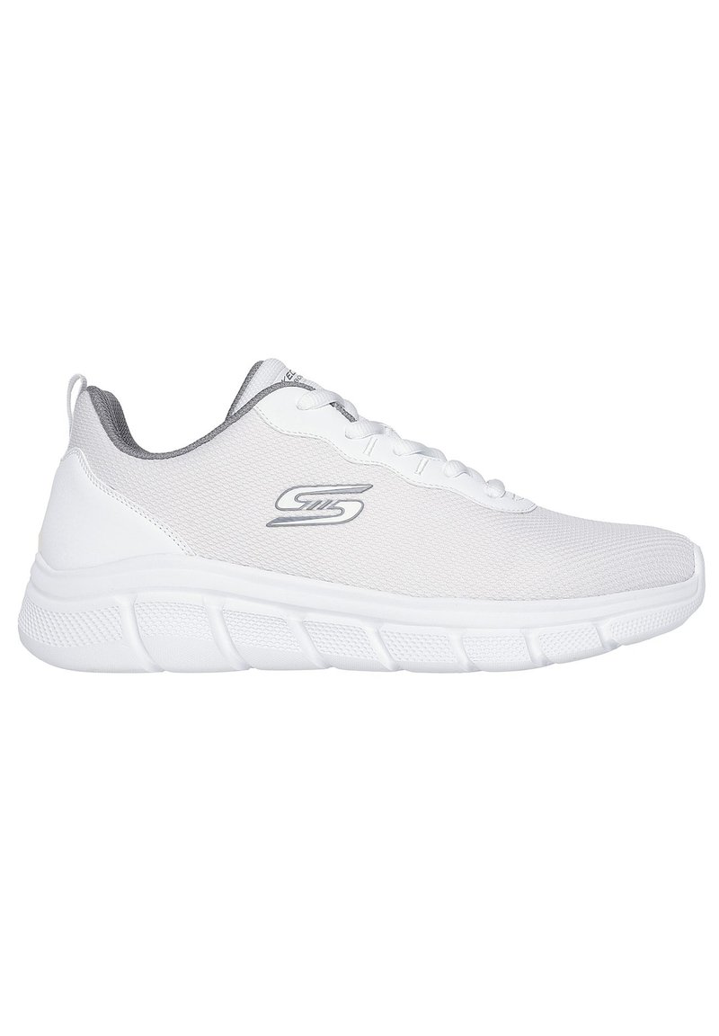 Weiße Sportschuhe mit einem Obermaterial aus Mesh, strukturierten grauen Akzenten und einer gepolsterten Sohle mit segmentiertem Design für Flexibilität.