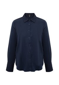 Navy button-up shirt made of smooth fabric. Features a classic collar, long sleeves, and buttoned cuffs. Subtle textured pattern.