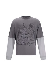 Gray long-sleeve t-shirt with a skull graphic and text "Death or Glory Los Angeles." Features contrasting light gray sleeves and a round neckline.