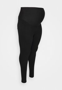 Leggings de maternidade pretos com uma cintura alta que sobe sobre a barriga. Feitos de um tecido suave com um ajuste justo, pernas afuniladas e sem costuras visíveis.