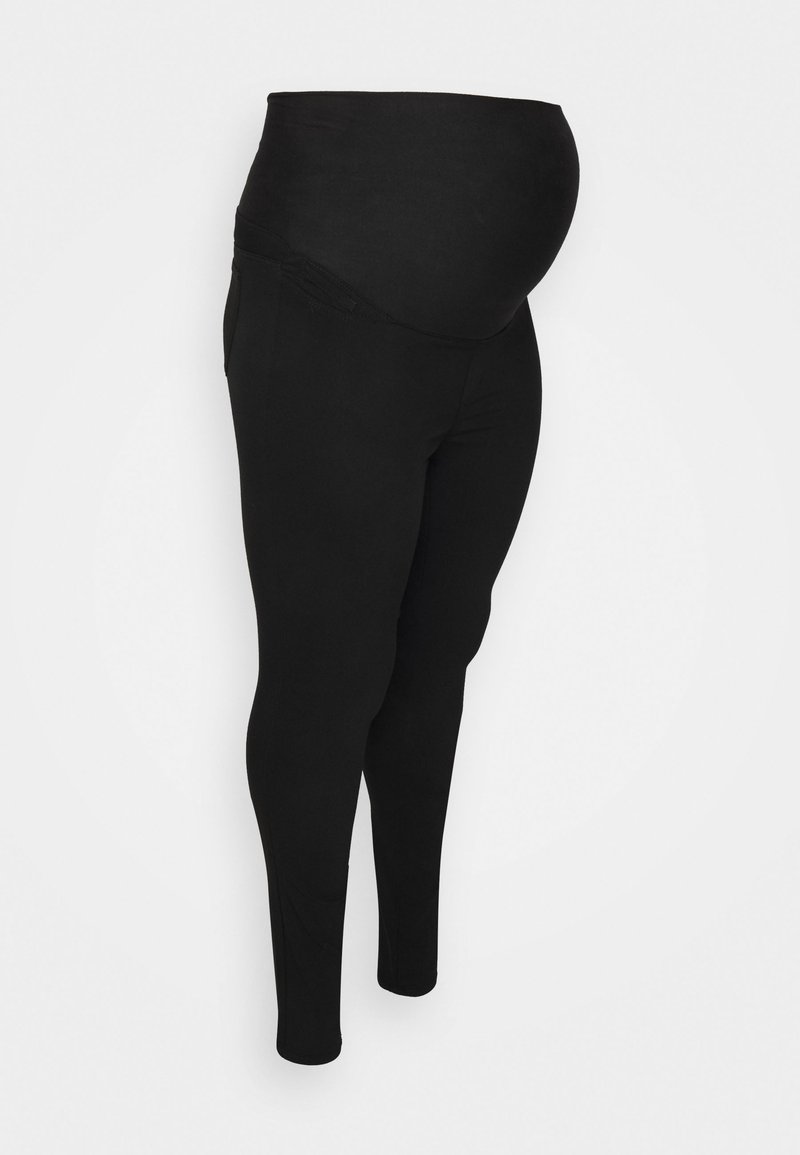 Leggings de maternidade pretos com uma cintura alta que sobe sobre a barriga. Feitos de um tecido suave com um ajuste justo, pernas afuniladas e sem costuras visíveis.