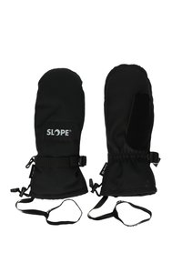 Svarta vattentäta handskar med en logotyp, elastiska manschetter, justerbara remmar och elastiska handledsöglor för en säker passform och enkel användning.