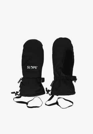 Musta vedenpitävä sormikkaat, joissa on logo, joustavat hihnat, säädettävät remmit ja joustavat rannekiinnikkeet turvalliseen istuvuuteen ja helppoon käyttöön.