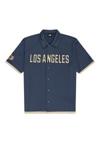 Short-sleeve navy button-up shirt with "LOS ANGELES" in cream, collar, contrasting cream cuffs, and a small logo on the left sleeve.