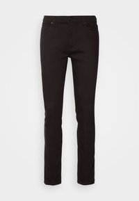 Černé slim džíny s předním knoflíkem a zipem, styl s pěti kapsami, zobrazené na bílém pozadí.