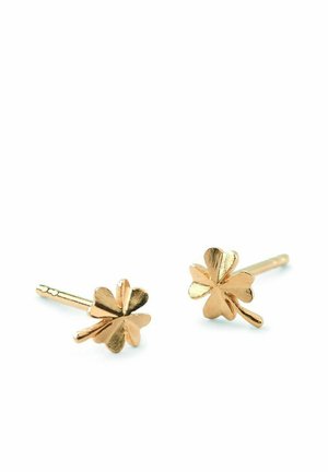 Pereche de cercei cu șurub de aur în formă de trifoi cu patru foi pe un fundal alb.