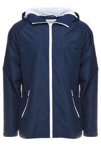 Syvänsininen vedenpitävä takki, jossa on huppu, valkoinen vetoketju ja yksityiskohdat, kaksi sivutaskua ja verkkomateriaali vuorina. Omistaa yksinkertaisen, käytännöllisen muotoilun.