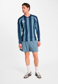 Marinblå och teal randig tröja med lång ärm och V-ringning, kombinerad med ljusblå texturerade shorts. Skorna har grå och blå detaljer.