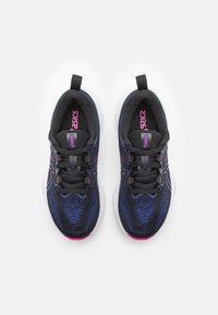 Black and navy running shoes with a textured upper, pink and green accents, and a cushioned sole. Laces and heel loops for easy wear.