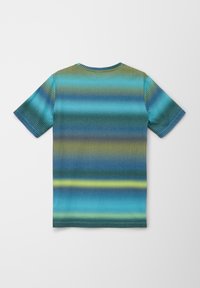 Korte mouwen t-shirt met een gestreept patroon in tinten blauw, groen en geel, met een gestructureerde, geribbelde afwerking.