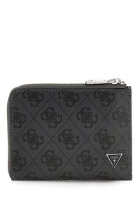 Cartera con cremallera negra hecha de material sintético texturizado, con un sutil patrón de logo en relieve y un emblema metálico de la marca en la parte frontal.