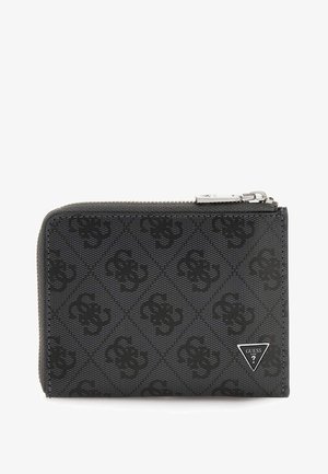 Black zip wallet made of textured synthetic material, featuring a subtle embossed logo pattern and a metallic brand emblem on the front.