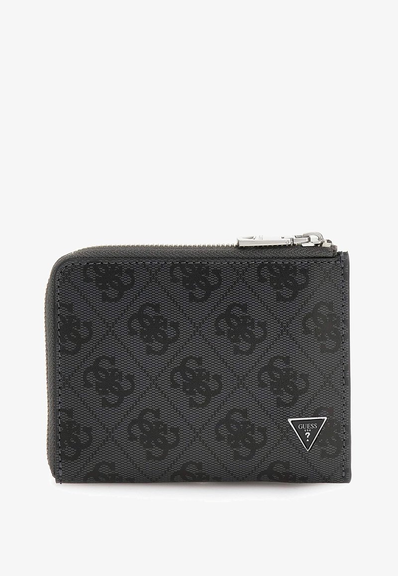 Black zip wallet made of textured synthetic material, featuring a subtle embossed logo pattern and a metallic brand emblem on the front.