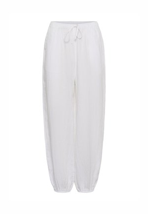 Balti laisvo silueto kelnės su elastinėmis apačios apačios ir raišteliu juosmens srityje, pagamintos iš lengvos medžiagos.