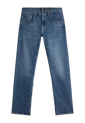 Jeans di denim blu con design a gamba dritta, dotati di cinque tasche, sbiadimento sottile e chiusura classica con bottone e cerniera.