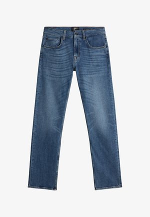 Jeans di denim blu con design a gamba dritta, dotati di cinque tasche, sbiadimento sottile e chiusura classica con bottone e cerniera.